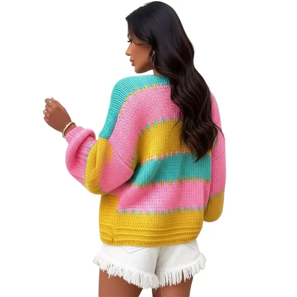Colorblock Knit Cardigan Open Front Puff Sleeves Large - Picture 6 of 7